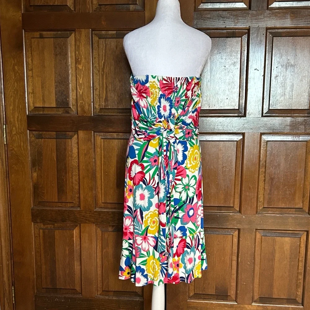 Boden Lilah Multiway Dress 12 Tropical Bloom Floral Smocked Bandeau Halter Midi